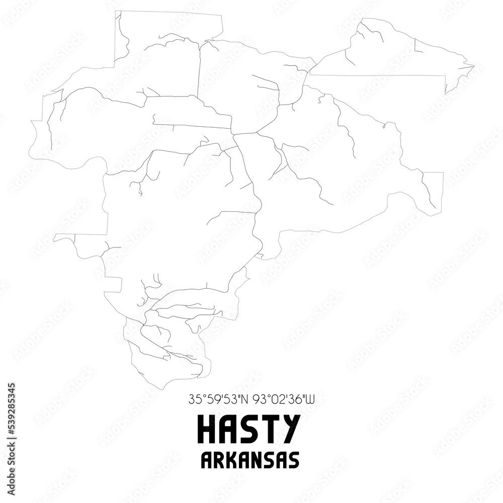 Hasty Arkansas. US street map with black and white lines.