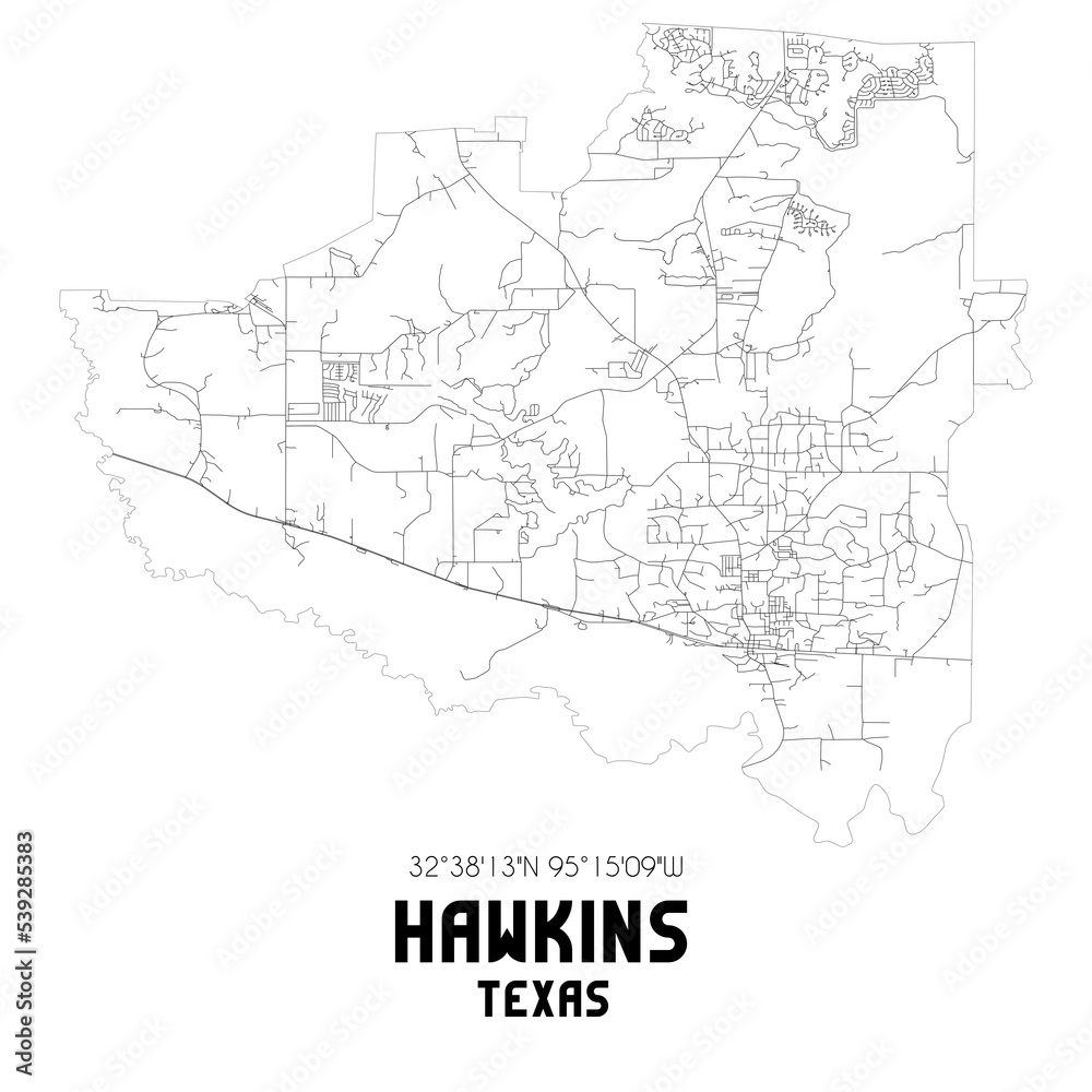 Hawkins Texas. US street map with black and white lines.