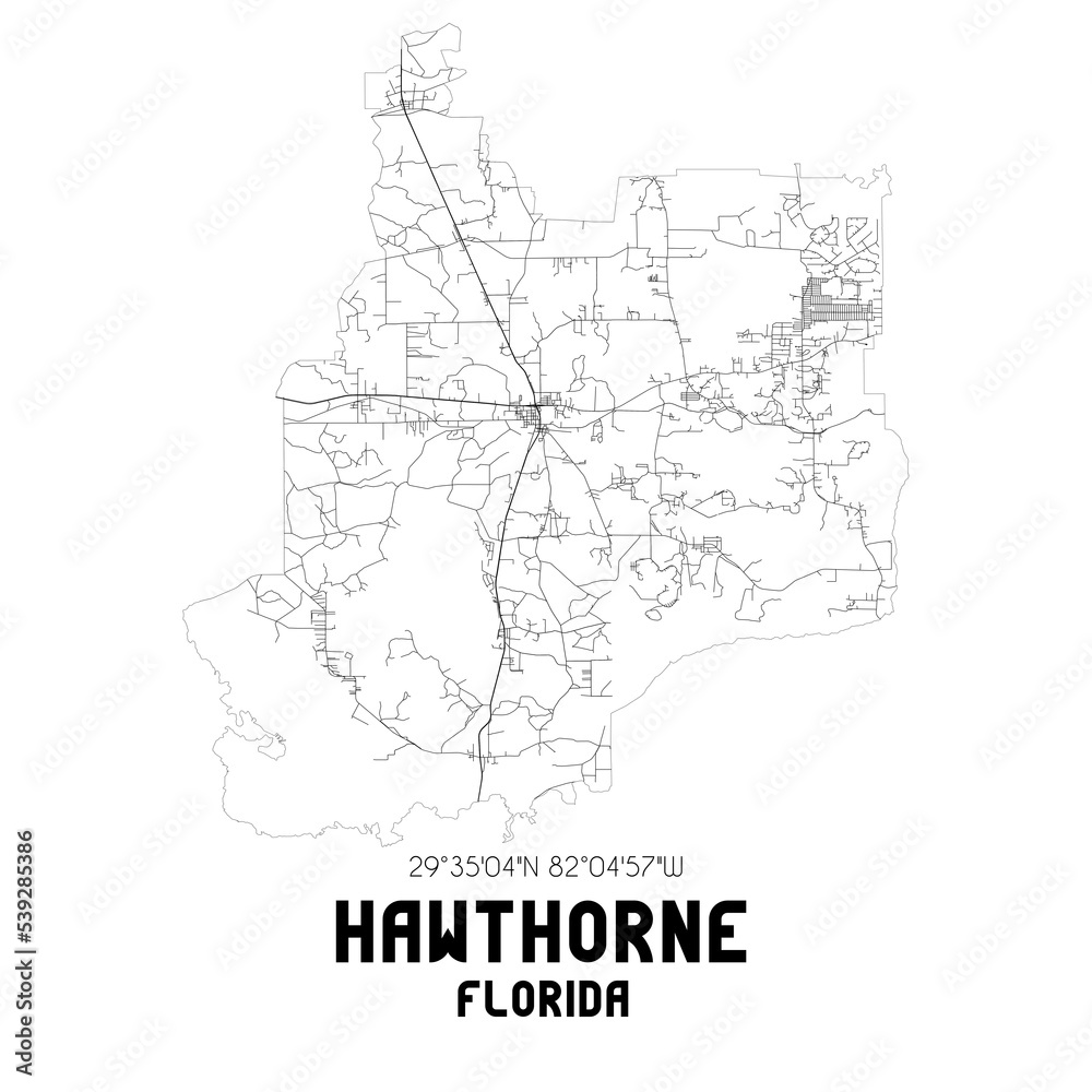 Hawthorne Florida. US street map with black and white lines.