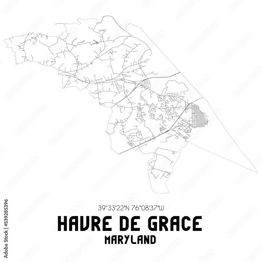 Havre De Grace Maryland. US street map with black and white lines.