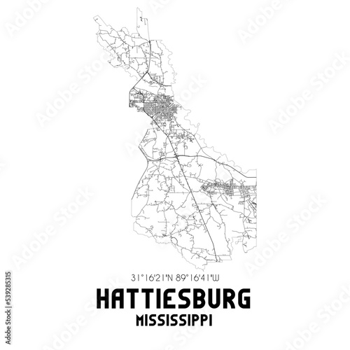 Hattiesburg Mississippi. US street map with black and white lines. photo