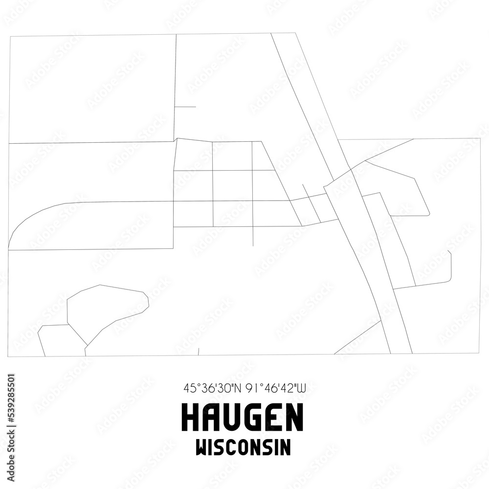 Haugen Wisconsin. US street map with black and white lines.