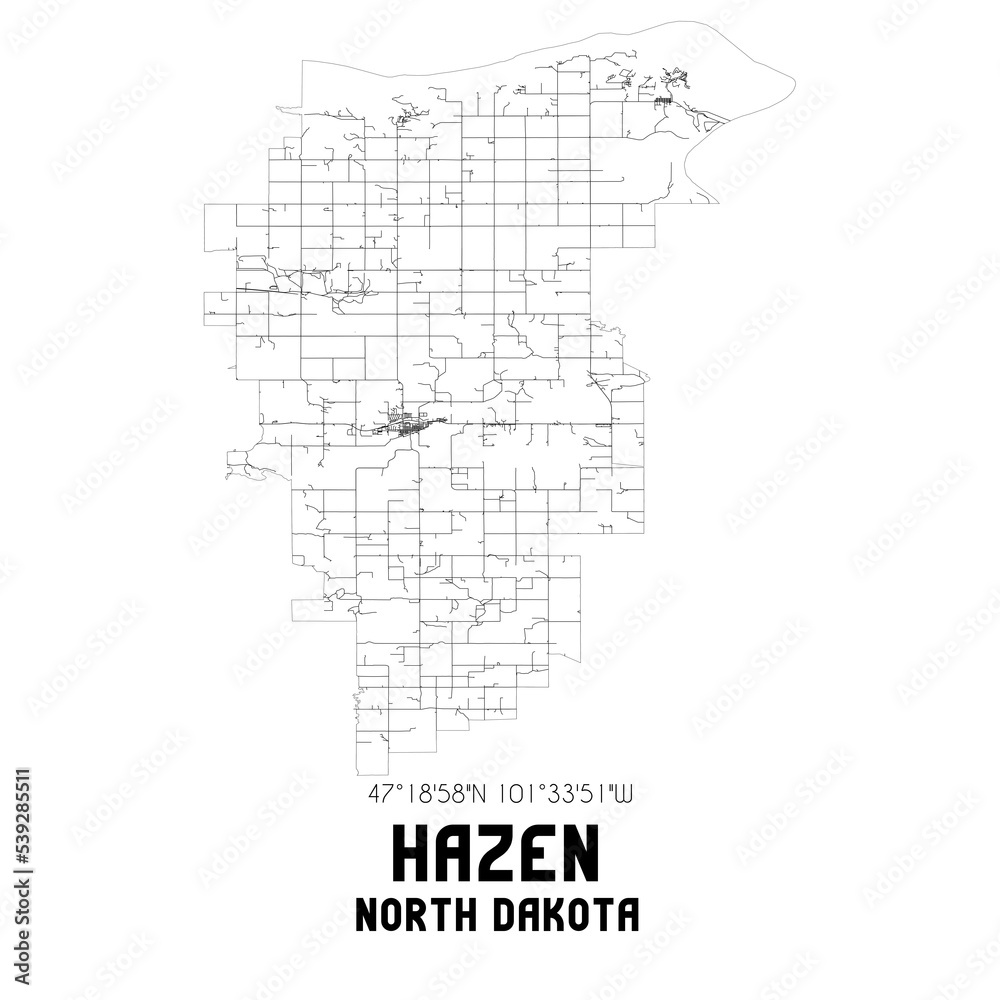 Hazen North Dakota. US street map with black and white lines.