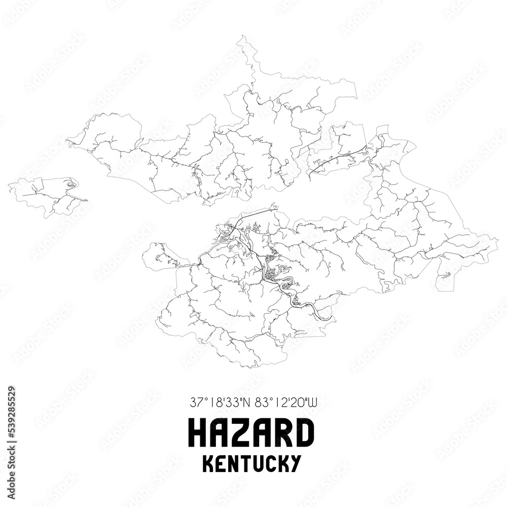 Hazard Kentucky. US street map with black and white lines.