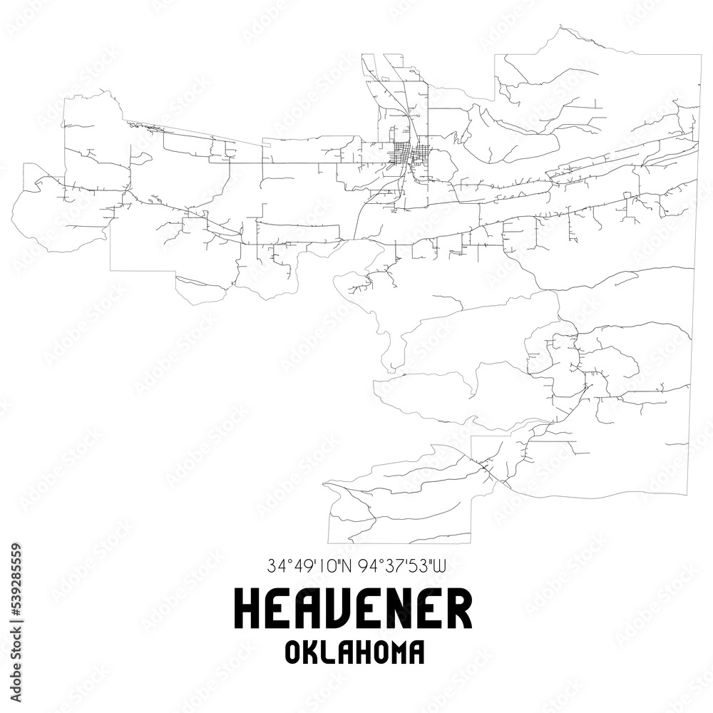 Heavener Oklahoma. US street map with black and white lines.
