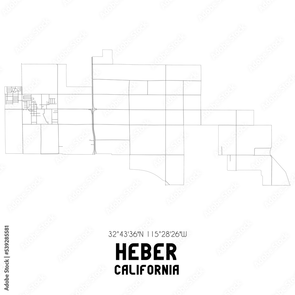 Heber California. US street map with black and white lines.