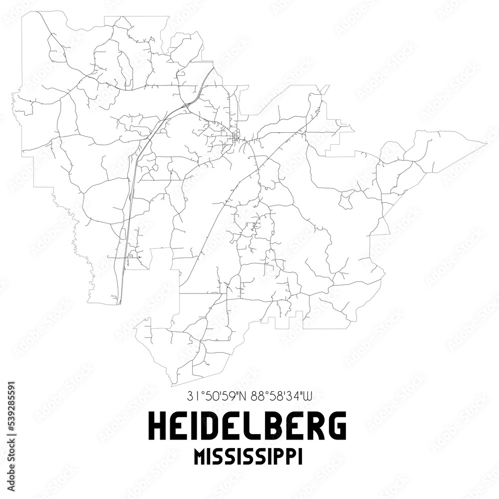 Heidelberg Mississippi. US street map with black and white lines.