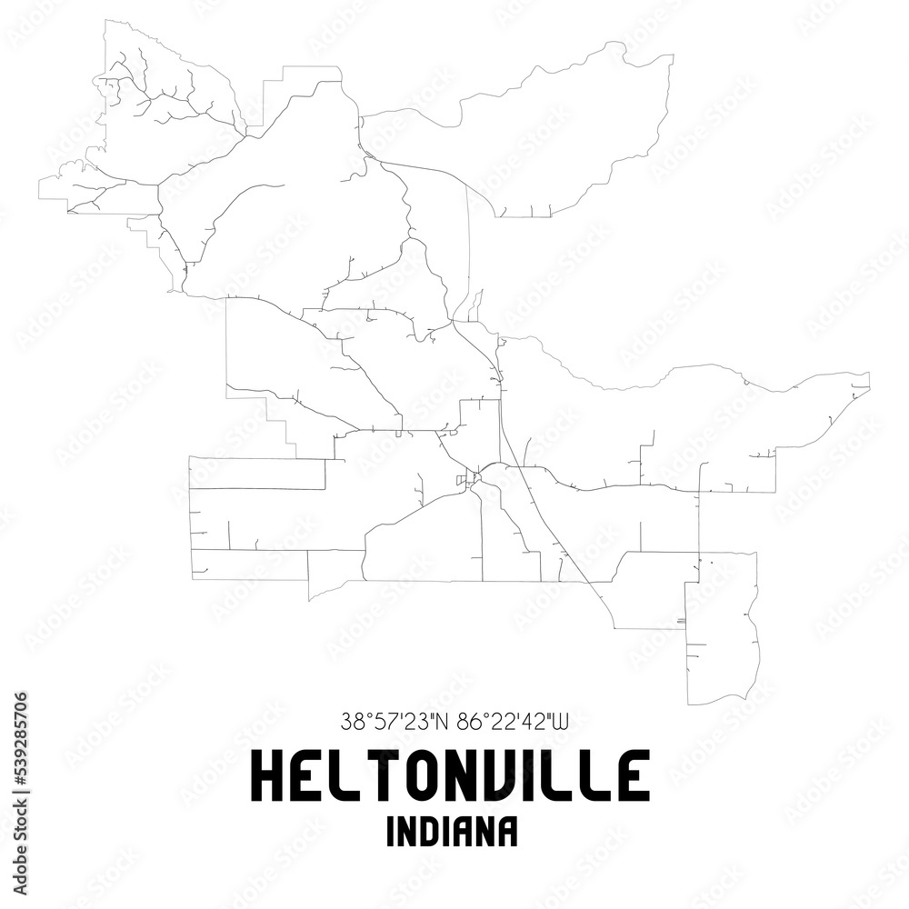 Heltonville Indiana. US street map with black and white lines.