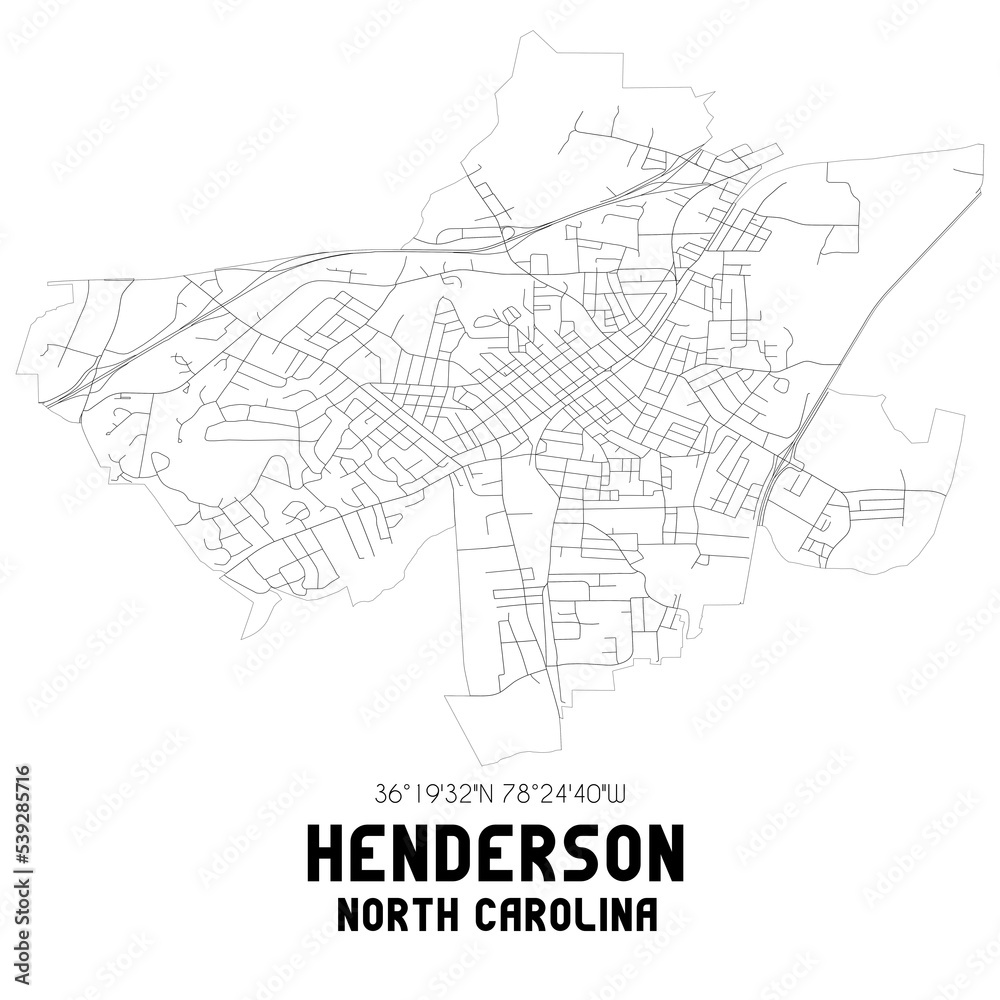 Henderson North Carolina. US street map with black and white lines.