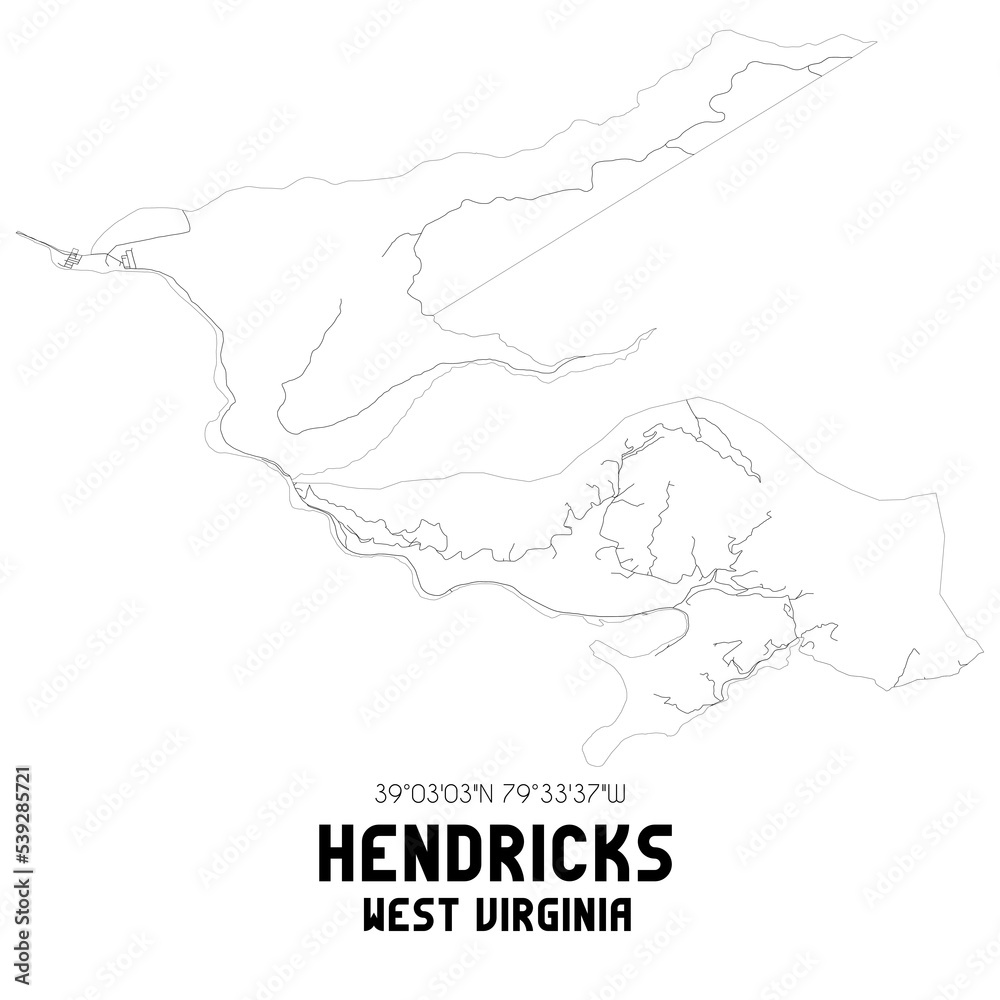 Hendricks West Virginia. US street map with black and white lines