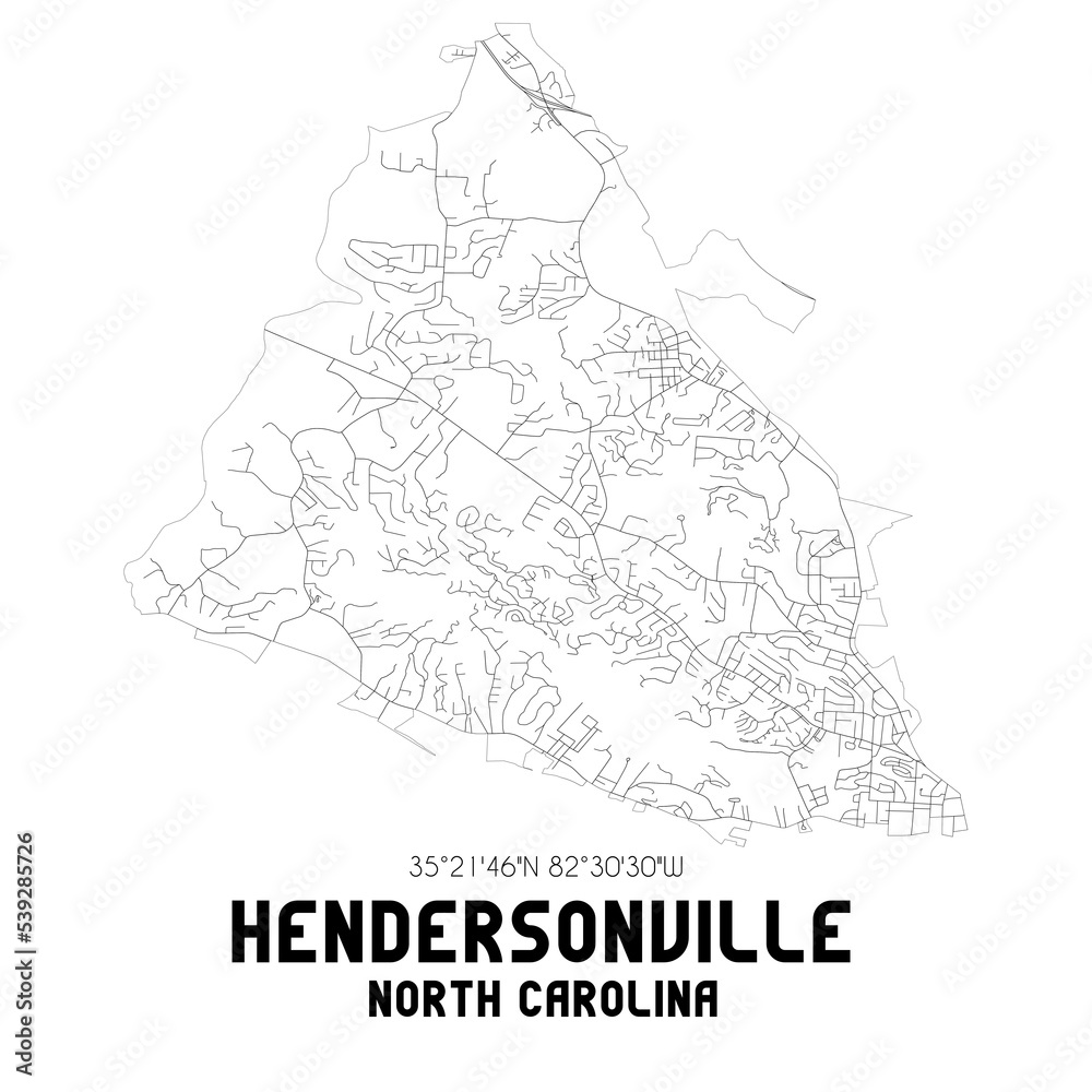 Hendersonville North Carolina. US street map with black and white lines.