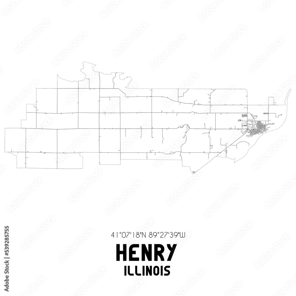 Henry Illinois. US street map with black and white lines.