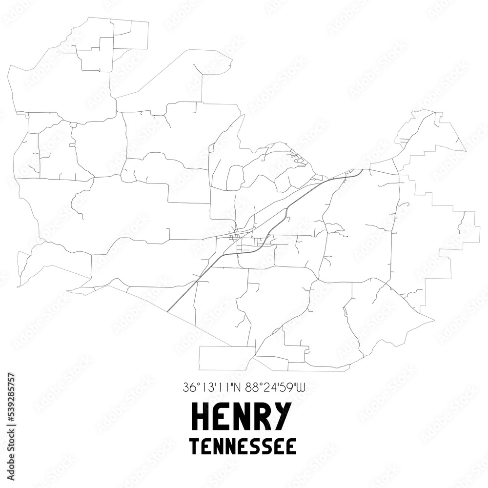 Henry Tennessee. US street map with black and white lines.