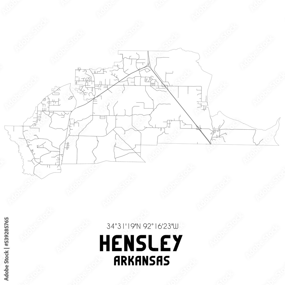 Hensley Arkansas. US street map with black and white lines.