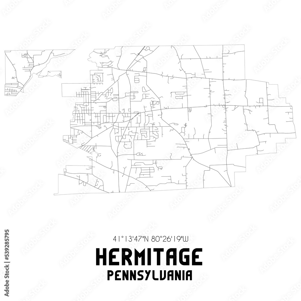 Hermitage Pennsylvania. US street map with black and white lines.