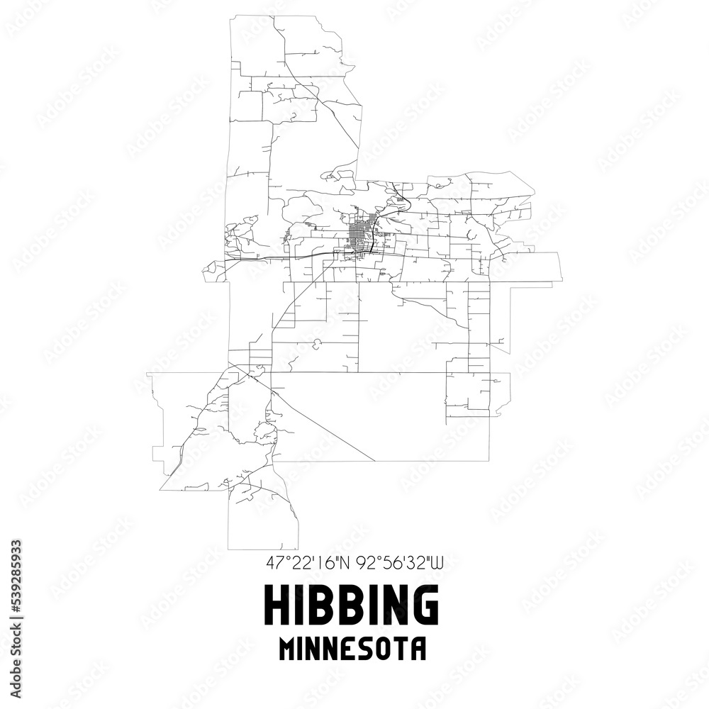 Hibbing Minnesota. US street map with black and white lines.