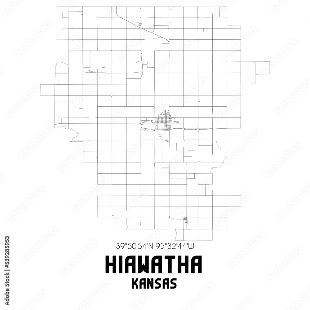 Hiawatha Kansas. US street map with black and white lines.