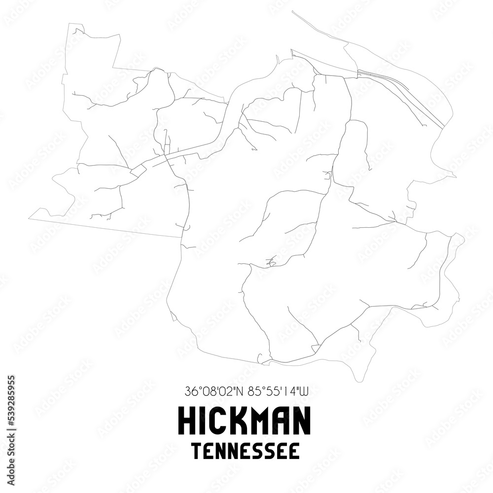 Hickman Tennessee. US street map with black and white lines.