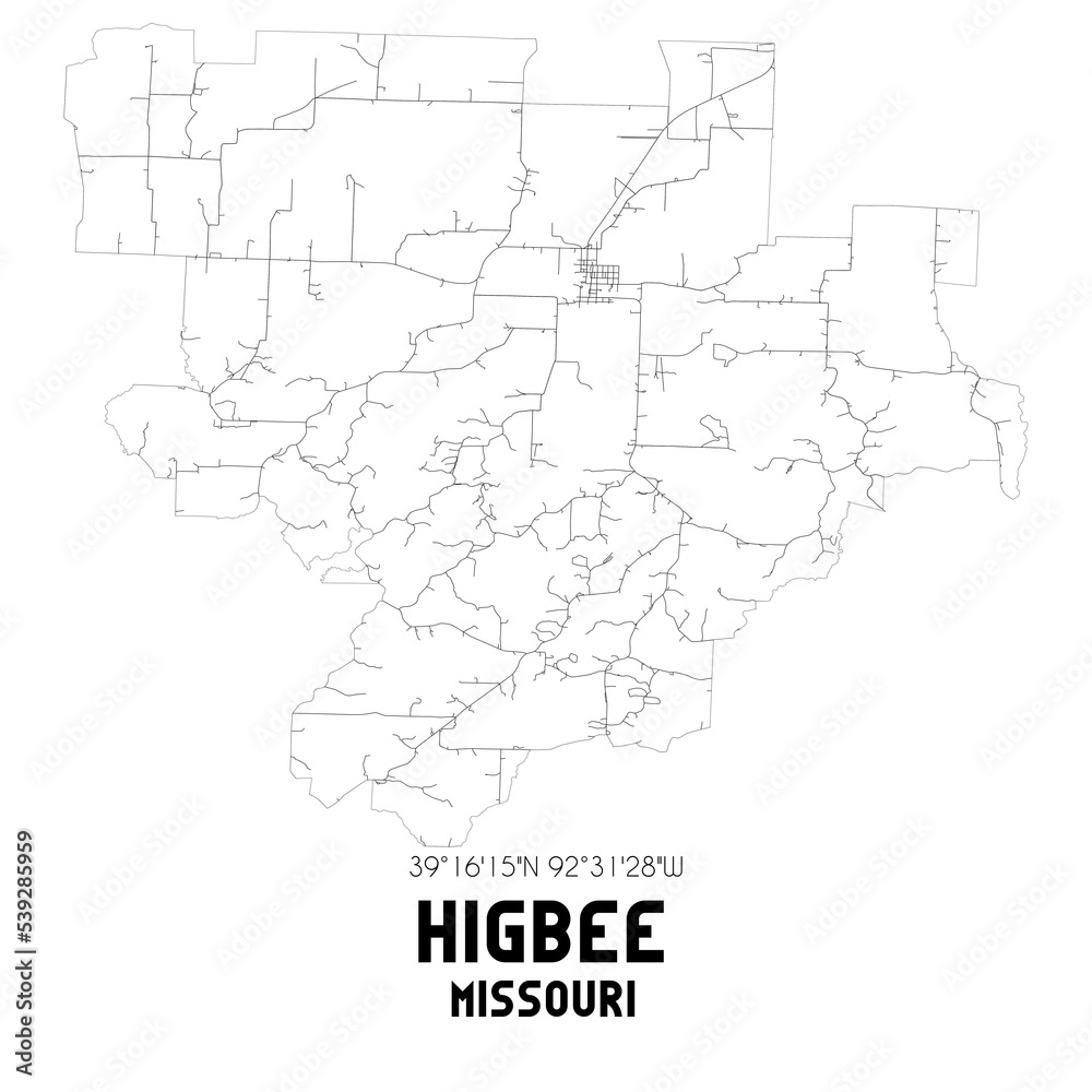 Higbee Missouri. US street map with black and white lines.
