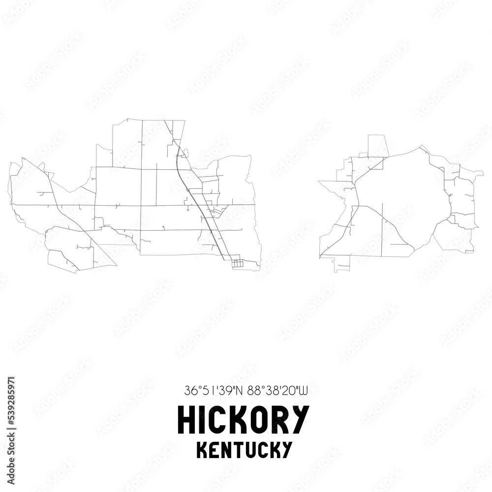 Hickory Kentucky. US street map with black and white lines.