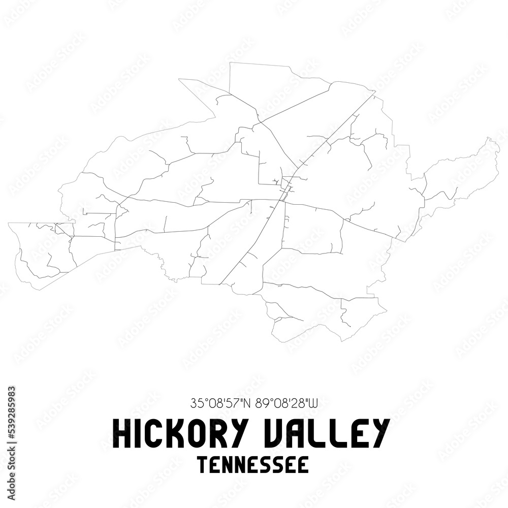 Hickory Valley Tennessee. US street map with black and white lines.