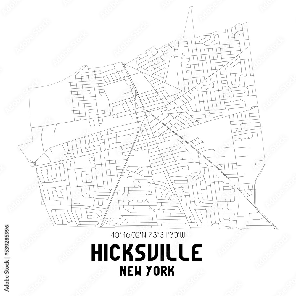 Hicksville New York. US street map with black and white lines.