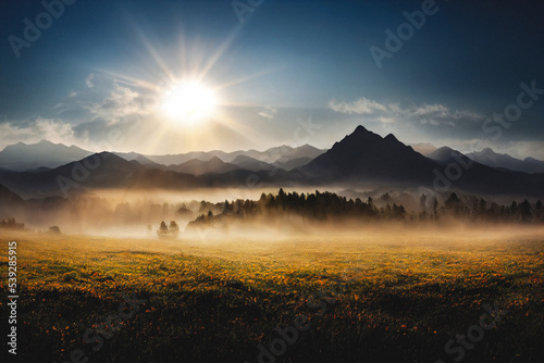 Autumn landscape with forest in mist and distant mountains during sunrise