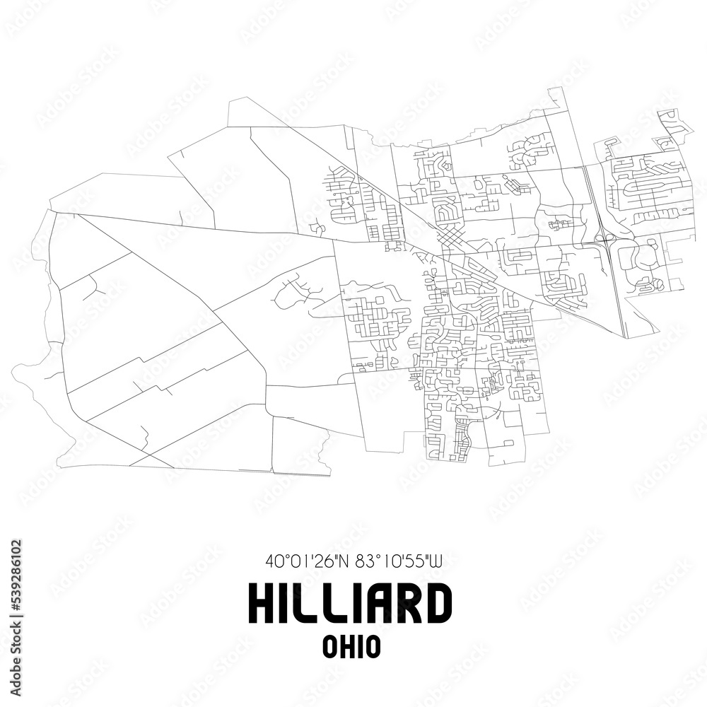 Hilliard Ohio. US street map with black and white lines.
