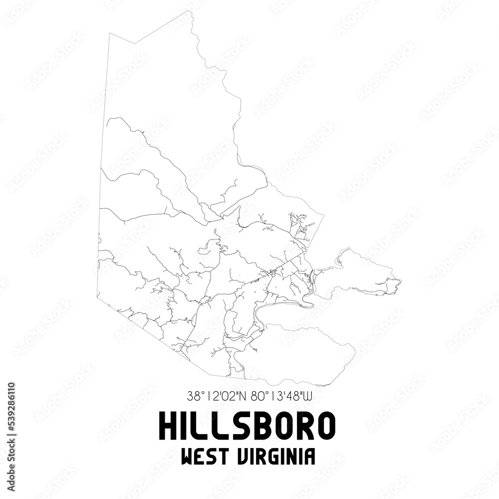 Hillsboro West Virginia. US street map with black and white lines.