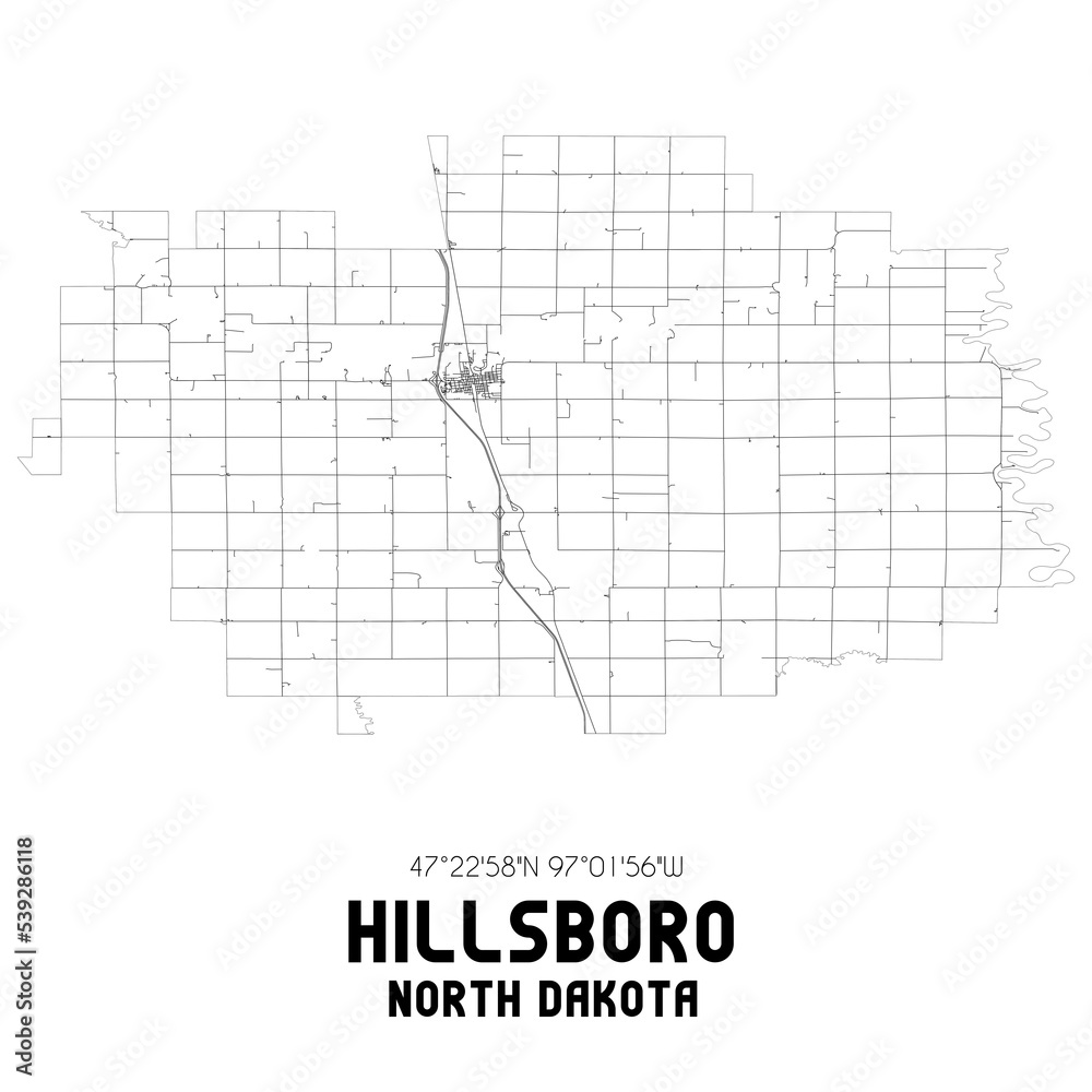 Hillsboro North Dakota. US street map with black and white lines.