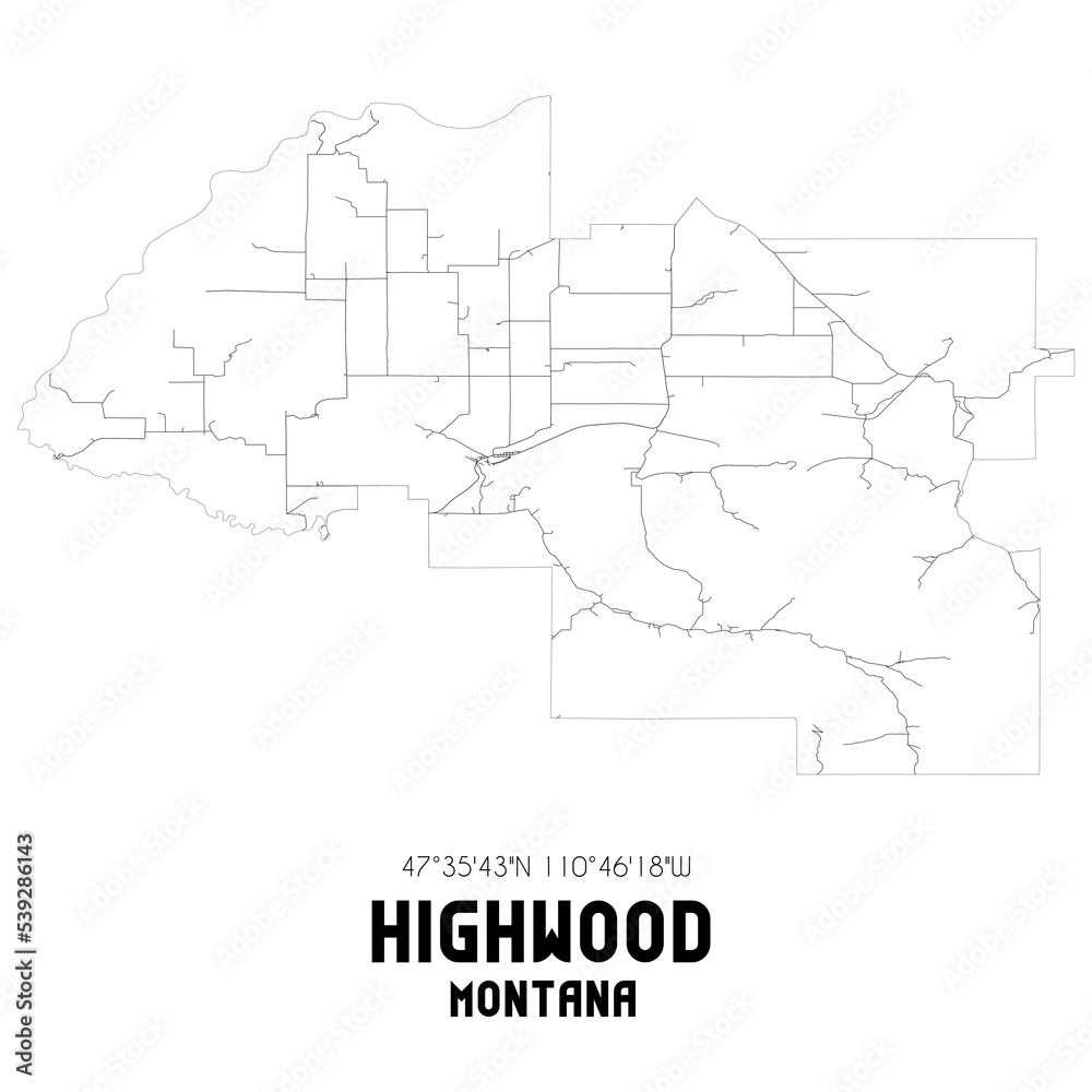 Highwood Montana. US street map with black and white lines.