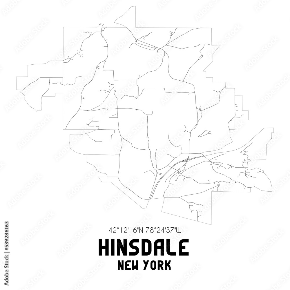 Hinsdale New York. US street map with black and white lines. Stock