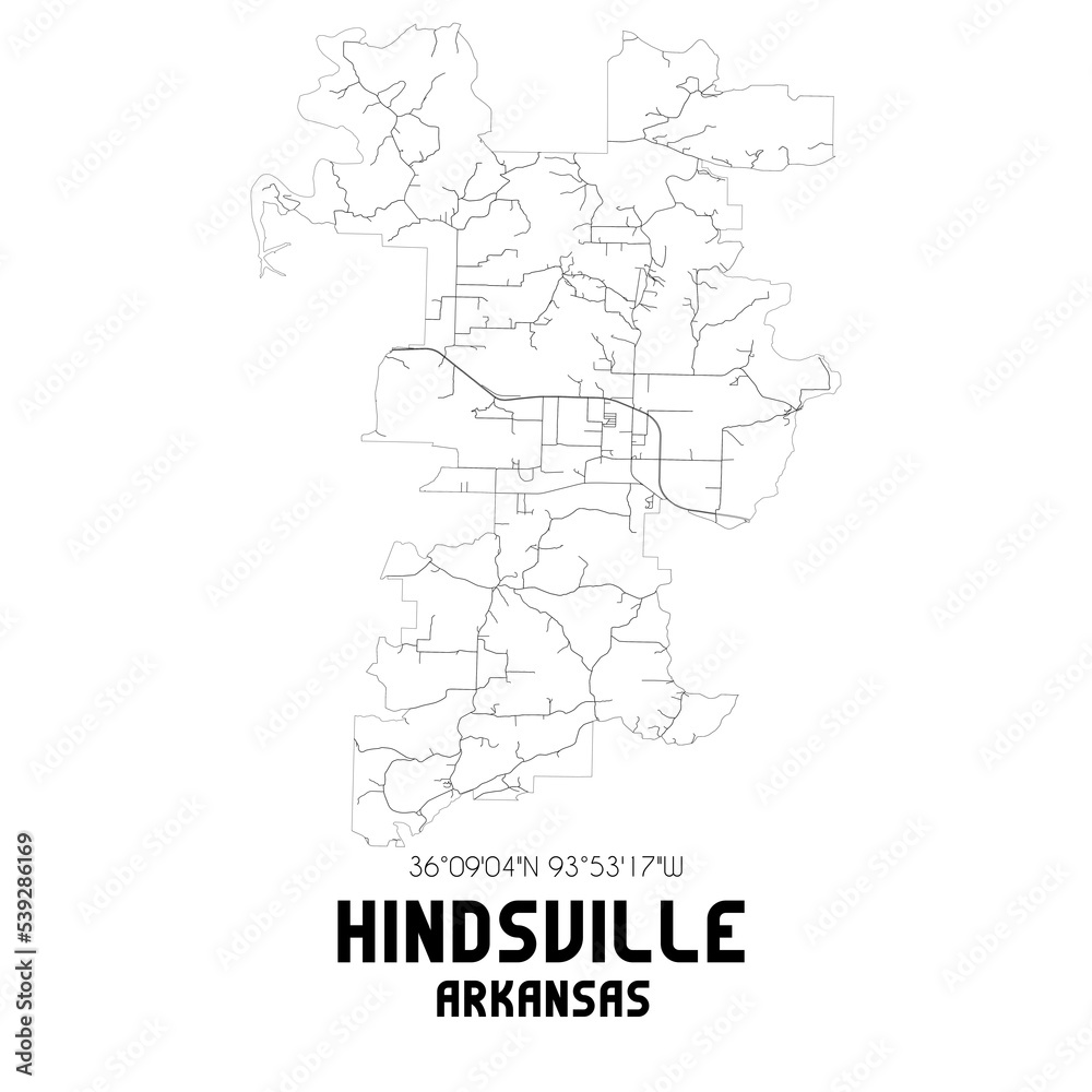Hindsville Arkansas. US street map with black and white lines.