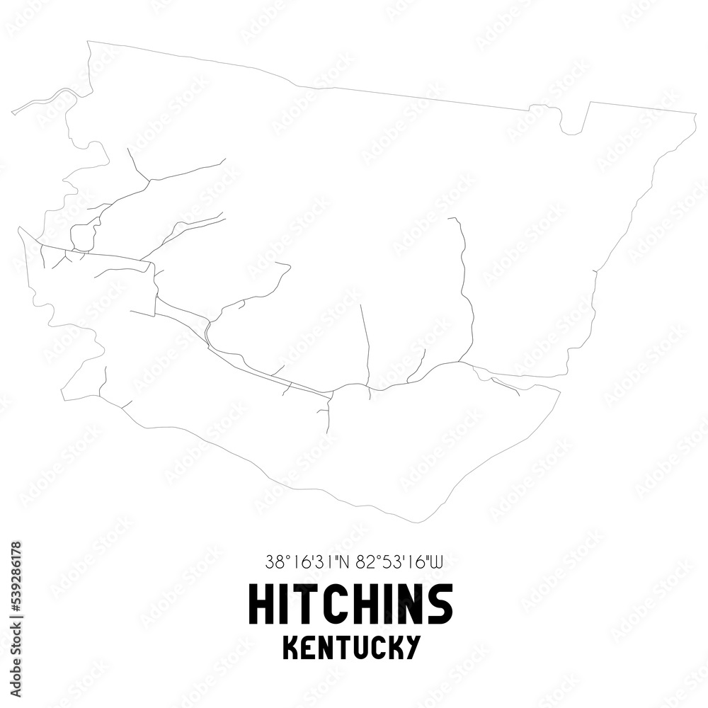Hitchins Kentucky. US street map with black and white lines.