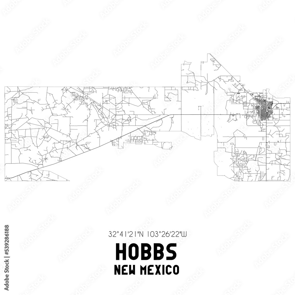 Hobbs New Mexico. US street map with black and white lines.