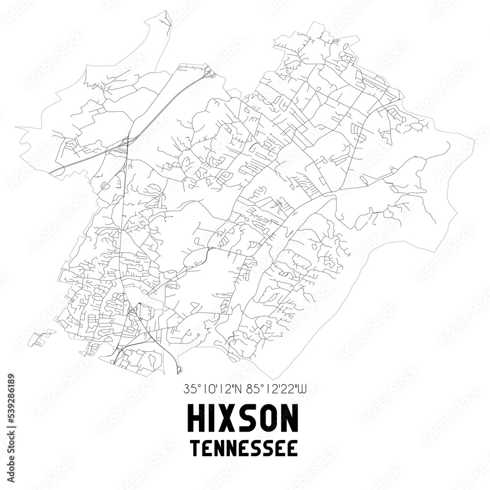 Hixson Tennessee. US street map with black and white lines.