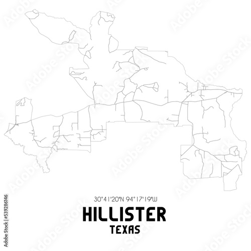 Hillister Texas. US street map with black and white lines.