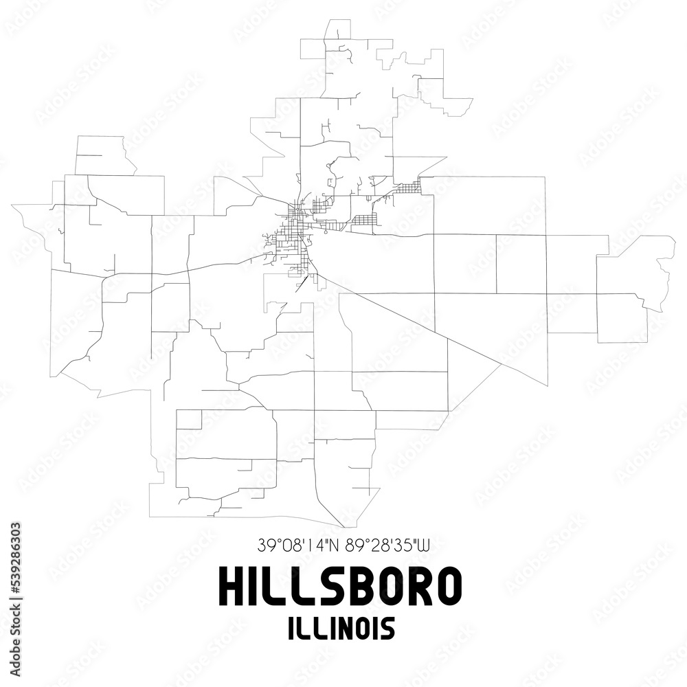 Hillsboro Illinois. US street map with black and white lines.