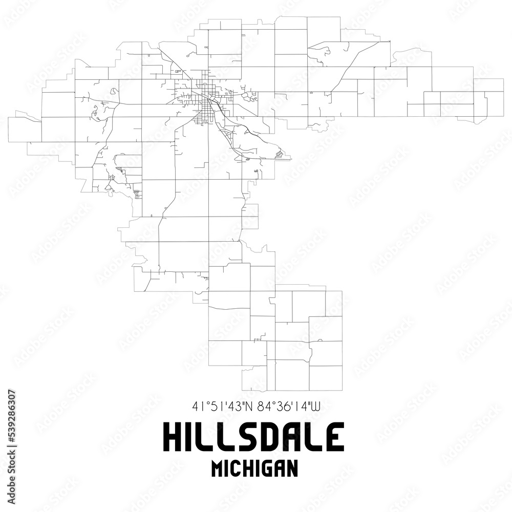 Hillsdale Michigan. US street map with black and white lines.
