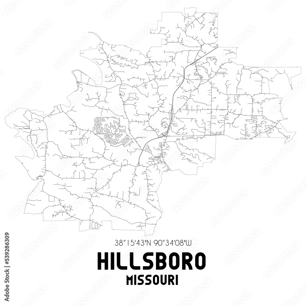Hillsboro Missouri. US street map with black and white lines.