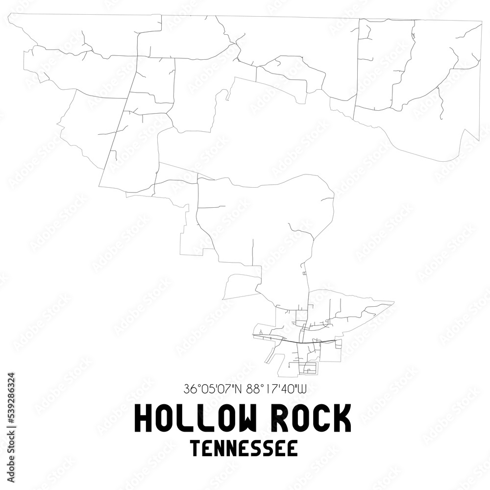 Hollow Rock Tennessee. US street map with black and white lines.