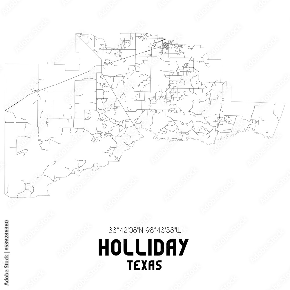 Holliday Texas. US street map with black and white lines.