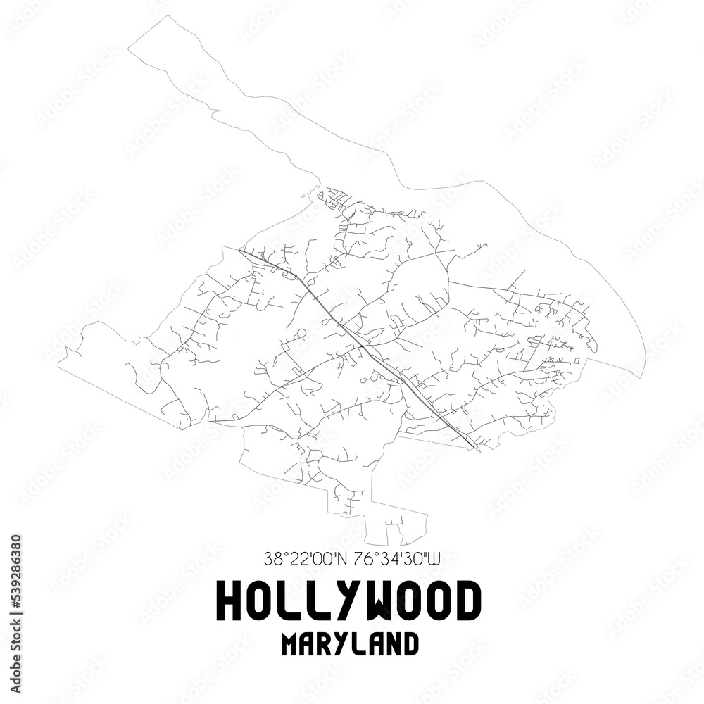 Hollywood Maryland. US street map with black and white lines.
