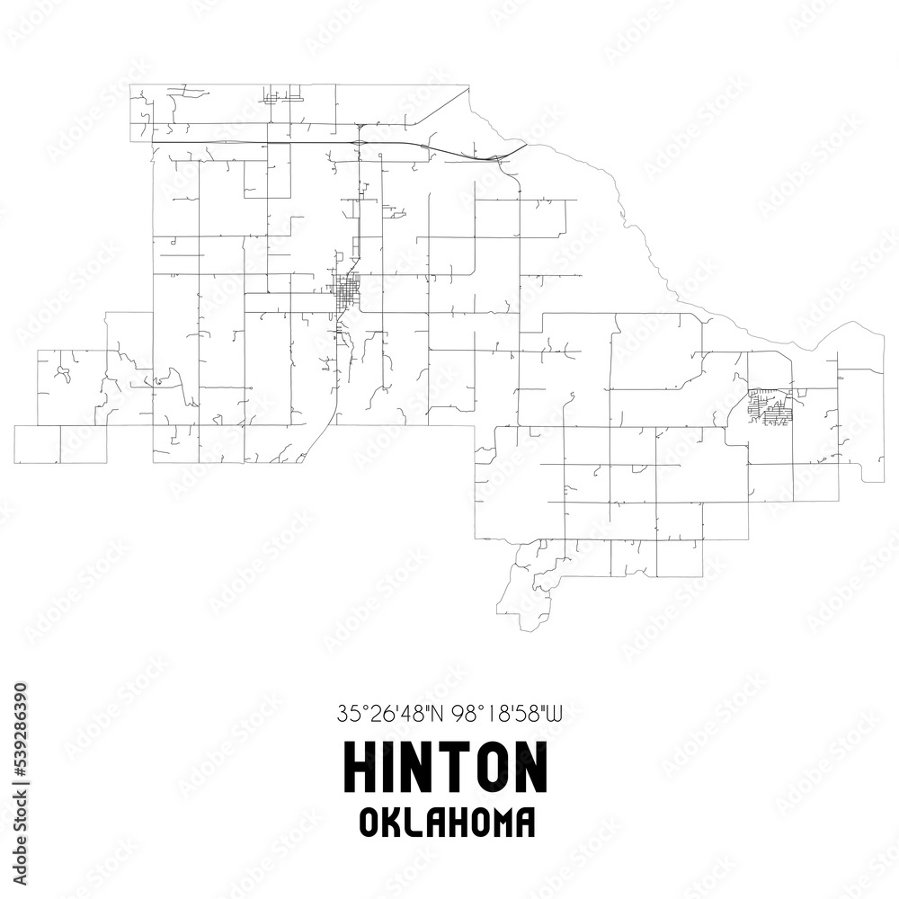 Hinton Oklahoma. US street map with black and white lines.