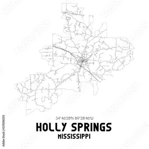 Holly Springs Mississippi. US street map with black and white lines.
