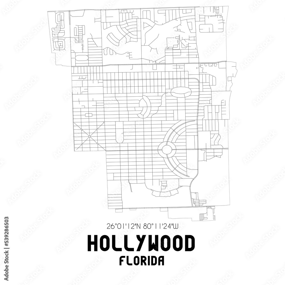 Hollywood Florida. US street map with black and white lines.