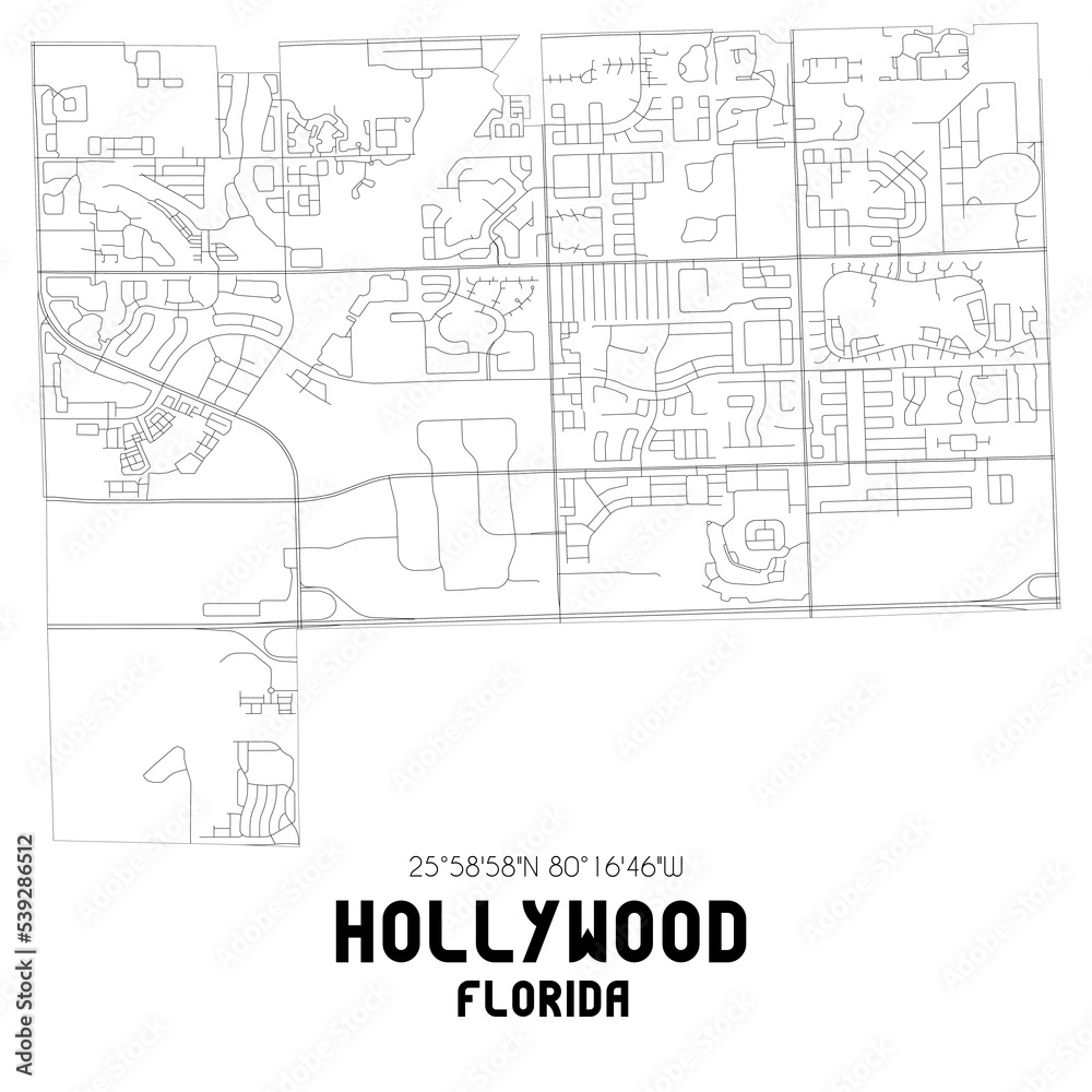 Hollywood Florida. US street map with black and white lines.
