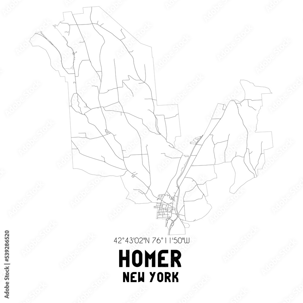 Homer New York. US street map with black and white lines.