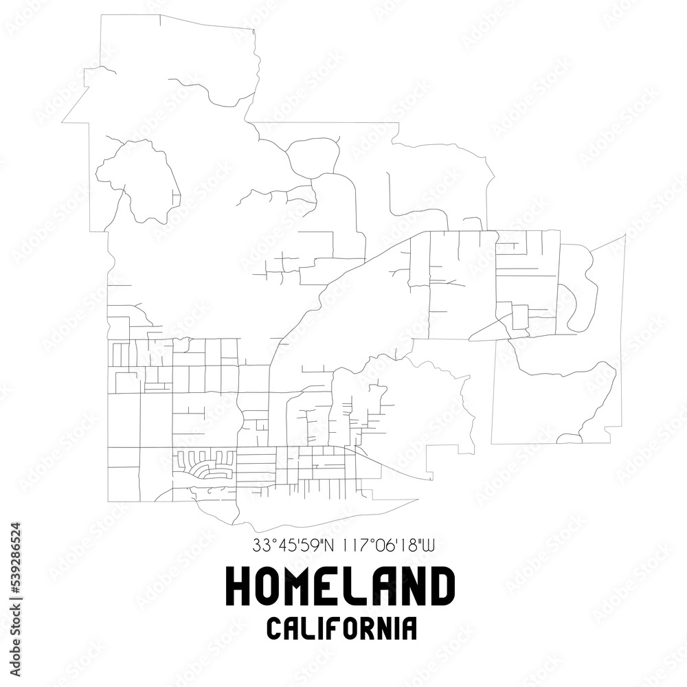 Homeland California. US street map with black and white lines.