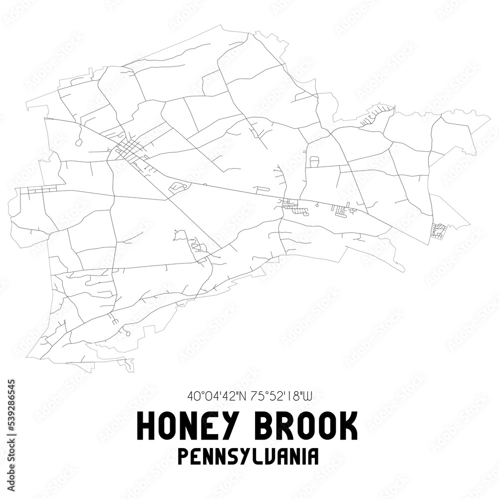 Honey Brook Pennsylvania. US street map with black and white lines.